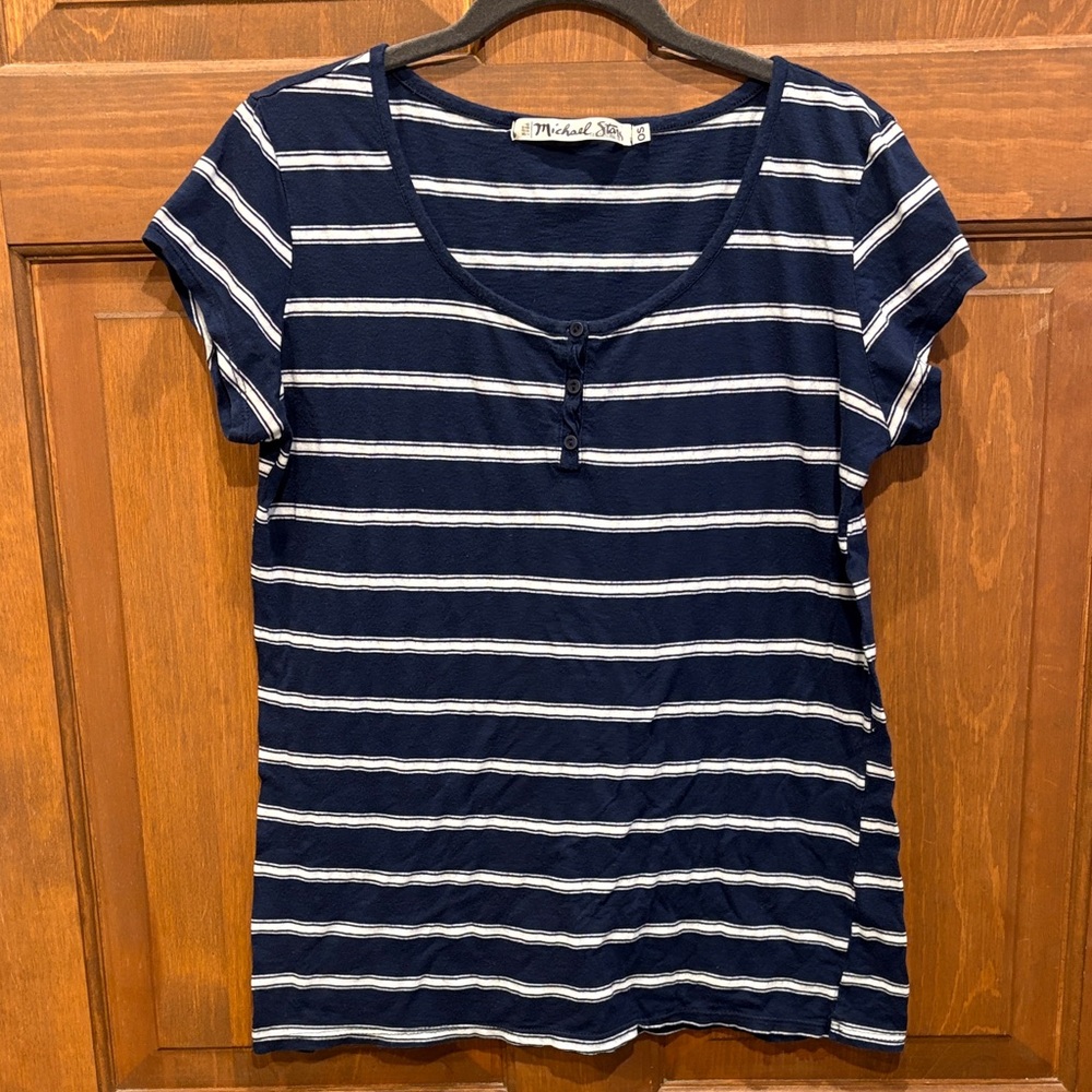 Michael Stars Striped Short-Sleeve Henley Top - Navy and White one size